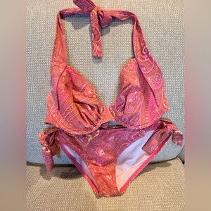 Tommy Bahama Pink Paisley Bikini Set 34D Halter Top,Sz M Tie Bottoms.70s Beach